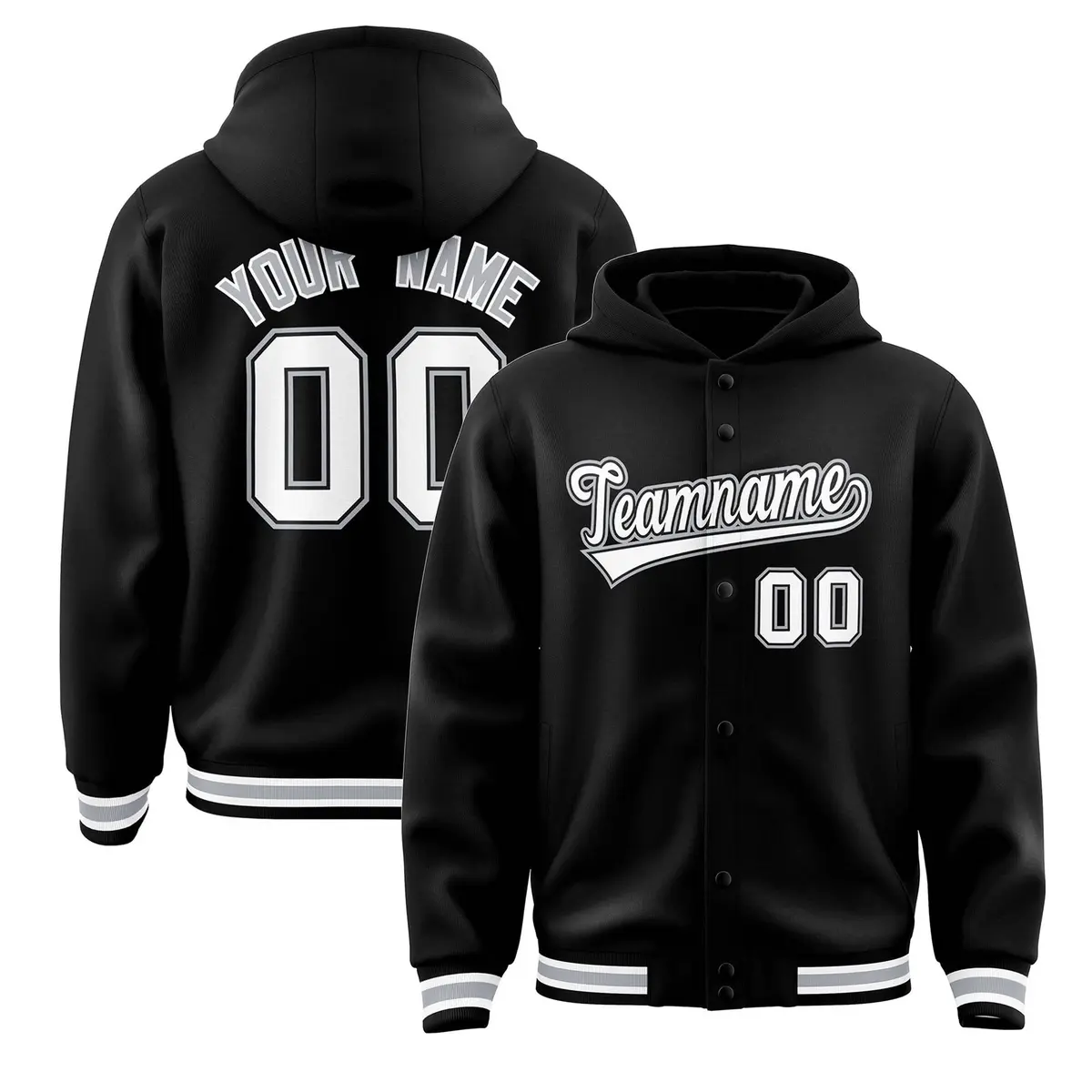 Black White-Black Varsity Full-Snap Letterman Jacket Hoodie