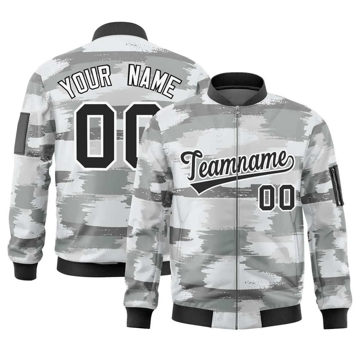 Black White Camo Varsity Full-Zip Letterman Bomber Jacket