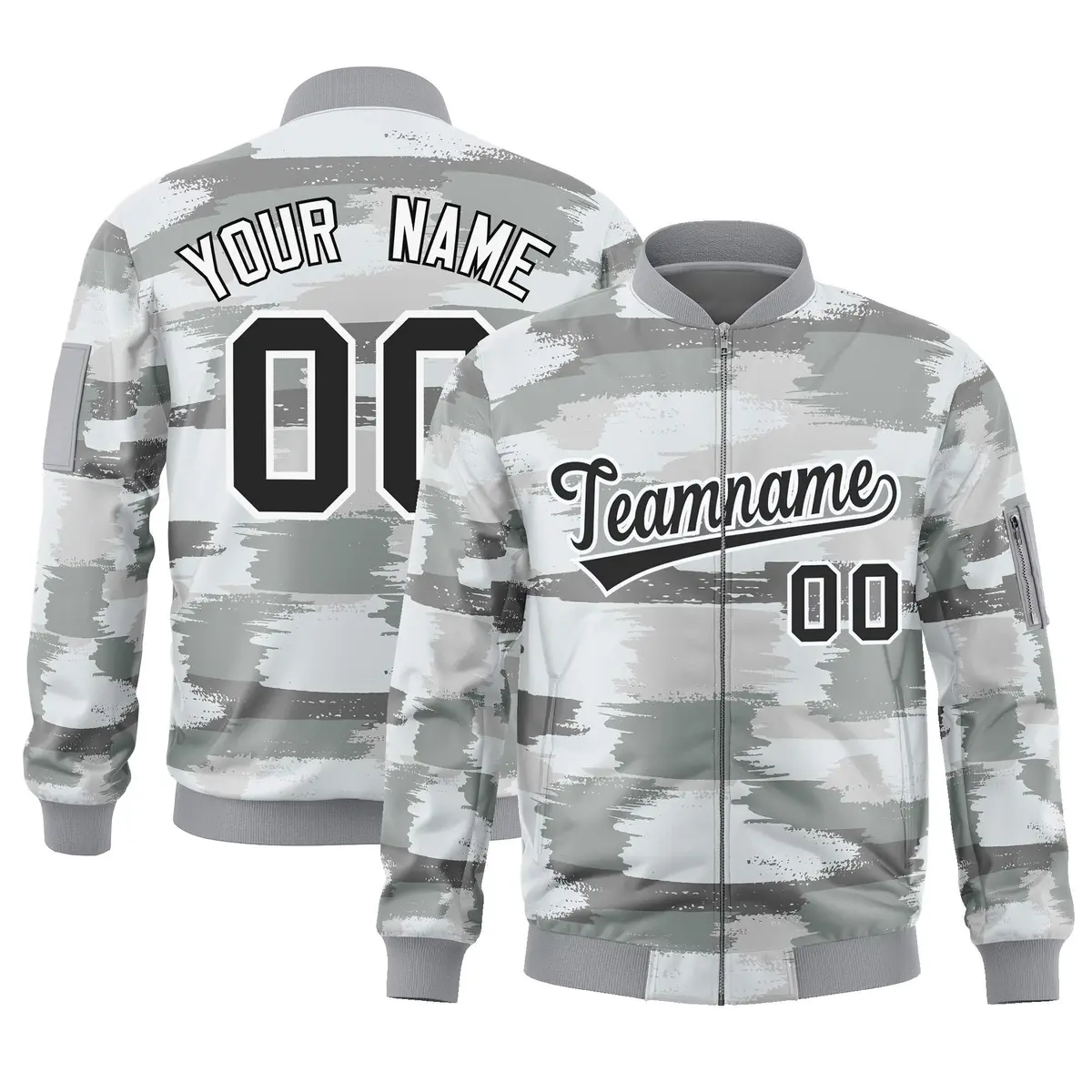 Black White Camo Varsity Full-Zip Letterman Bomber Jacket
