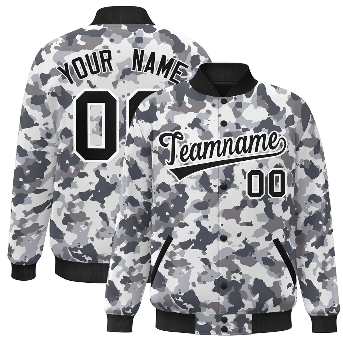 Black White Camo Varsity Letterman Bomber Jacket