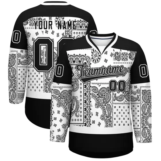 Black White Cashew Flower Graffiti V-Neck Hockey Jersey