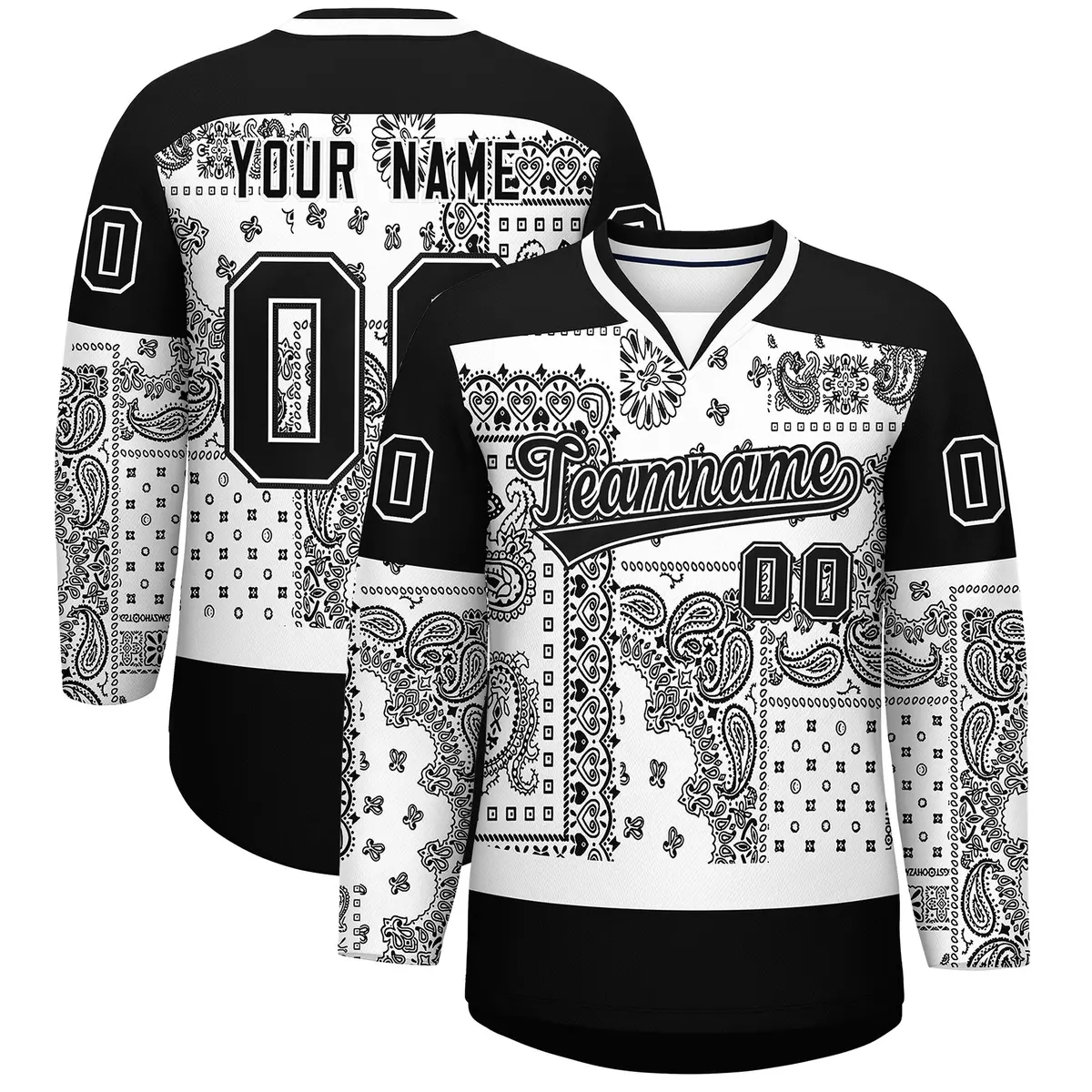 Black White Cashew Flower Graffiti V-Neck Hockey Jersey