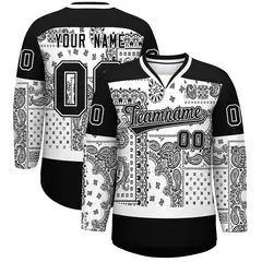 Black White Cashew Flower Graffiti V-Neck Hockey Jersey 1