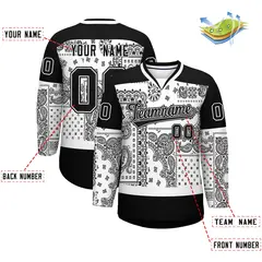 Black White Cashew Flower Graffiti V-Neck Hockey Jersey 2