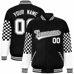 Black White Checkered Color Block Varsity Bomber Jacket