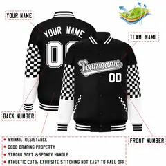 Black White Checkered Color Block Varsity Bomber Jacket 2