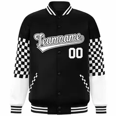 Black White Checkered Color Block Varsity Bomber Jacket 3
