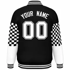 Black White Checkered Color Block Varsity Bomber Jacket 4