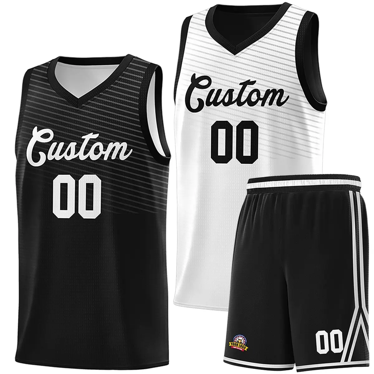 Black White Chest Slash Double Side Sports Basketball Jersey