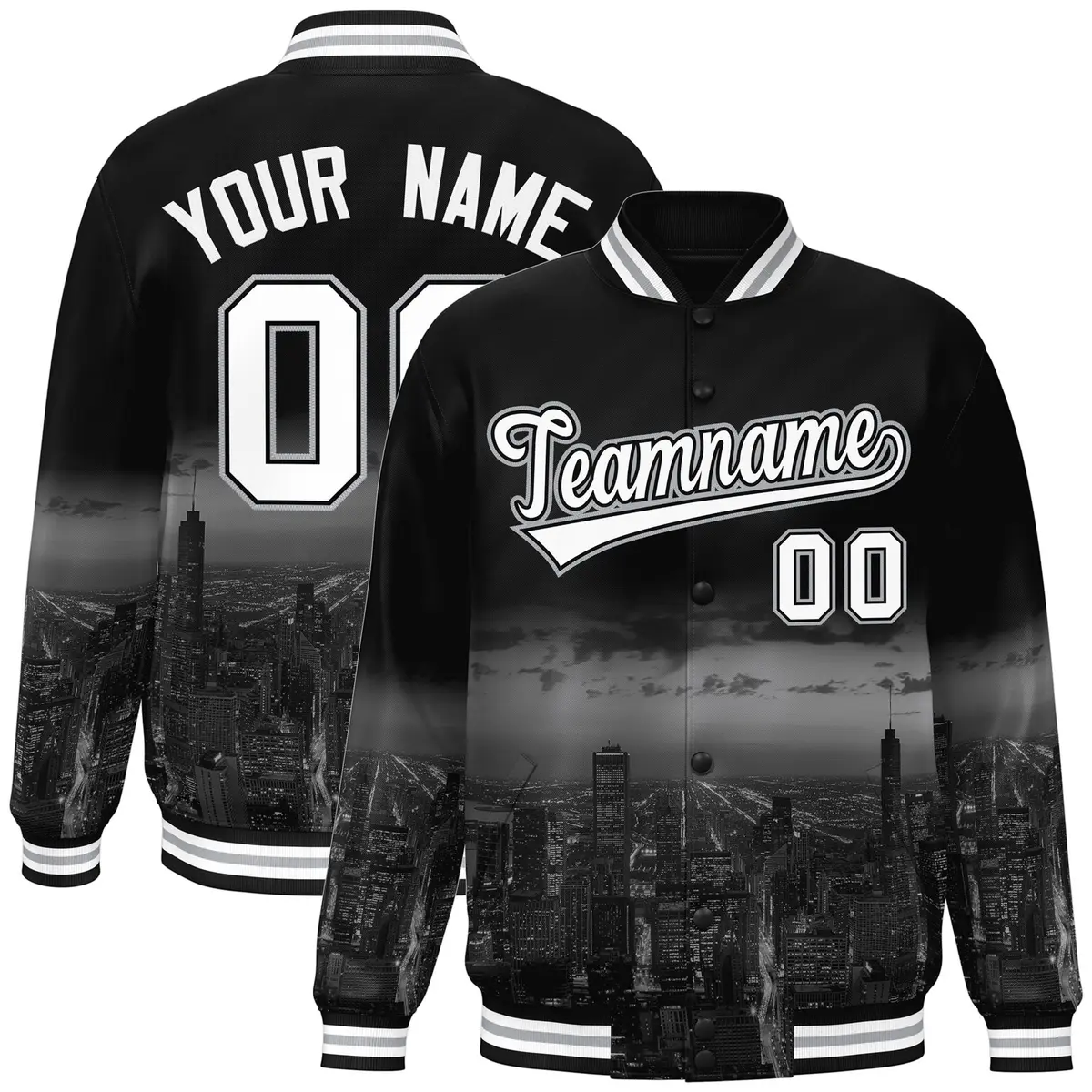 Black White Chicago City Skyline Varsity Full-Snap Track Jacket