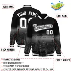 Black White Chicago City Skyline Varsity Full-Snap Track Jacket 2