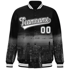 Black White Chicago City Skyline Varsity Full-Snap Track Jacket 3