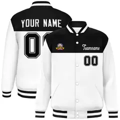 Black White Color Block Full-Snap Varsity Letterman Jacket