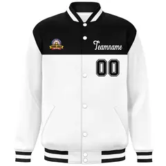 Black White Color Block Full-Snap Varsity Letterman Jacket 3