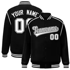 Black White Color Block Ribbon Varsity Full-Snap Bomber Jacket
