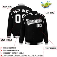 Black White Color Block Ribbon Varsity Full-Snap Bomber Jacket 2