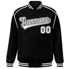 Black White Color Block Ribbon Varsity Full-Snap Bomber Jacket 3