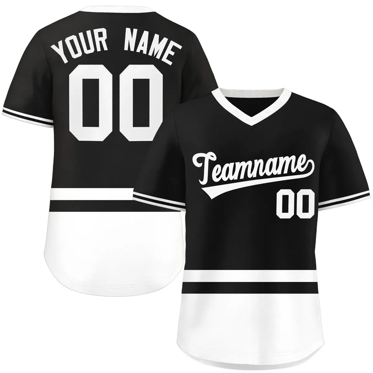 Black White Color Block V-Neck Pullover Baseball Jersey