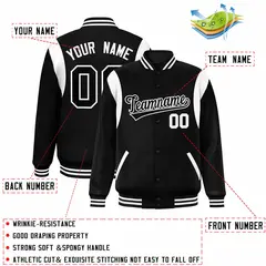 Black White Color Block Varsity Full-Snap Baseball Jacket 2