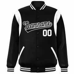 Black White Color Block Varsity Full-Snap Baseball Jacket 3
