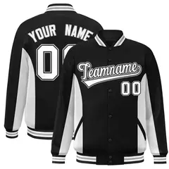 Black White Color Block Varsity Letterman Baseball Jacket 1