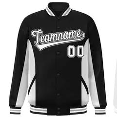 Black White Color Block Varsity Letterman Baseball Jacket 3