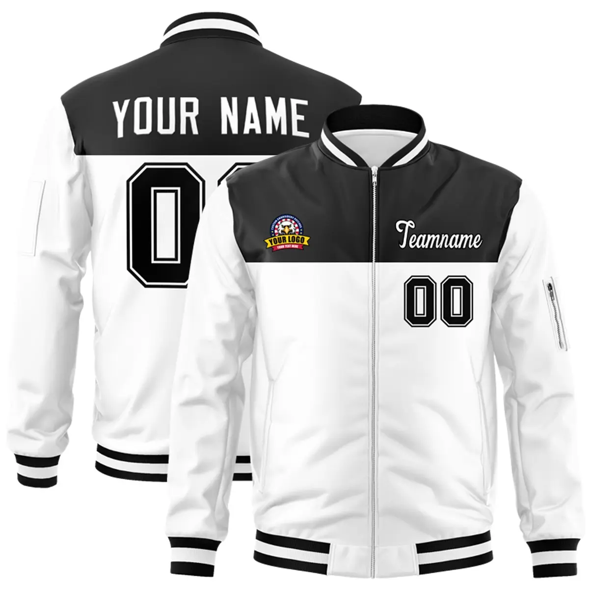 Black White Color Block Varsity Letterman Bomber Jacket