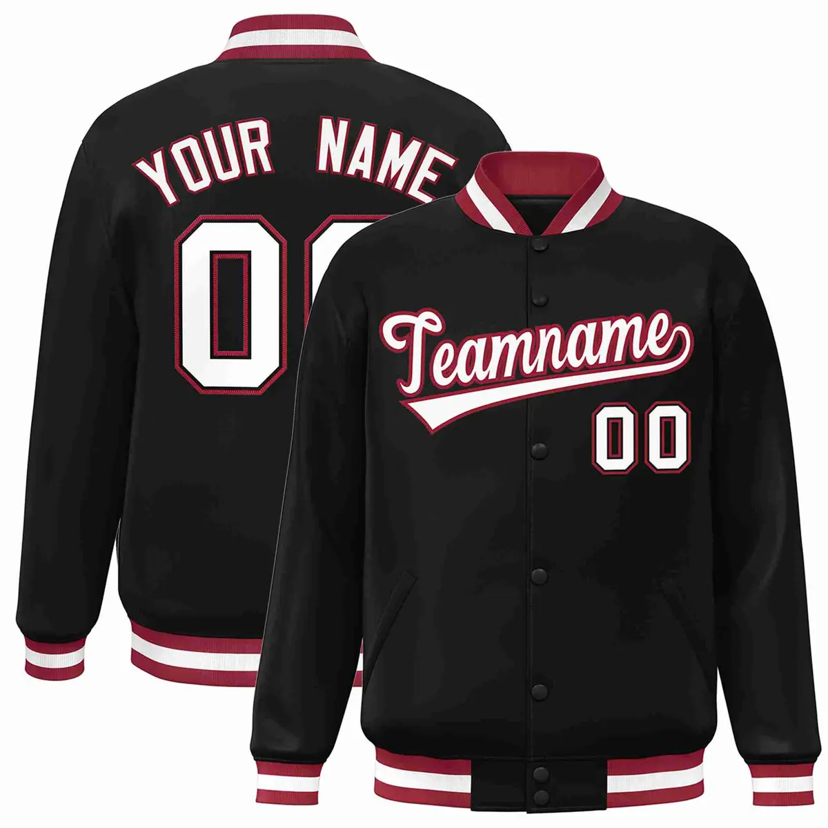 Black White-Crimson Full-Snap Varsity Letterman Jacket