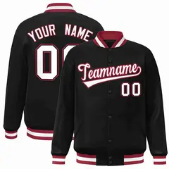 Black White-Crimson Full-Snap Varsity Letterman Jacket