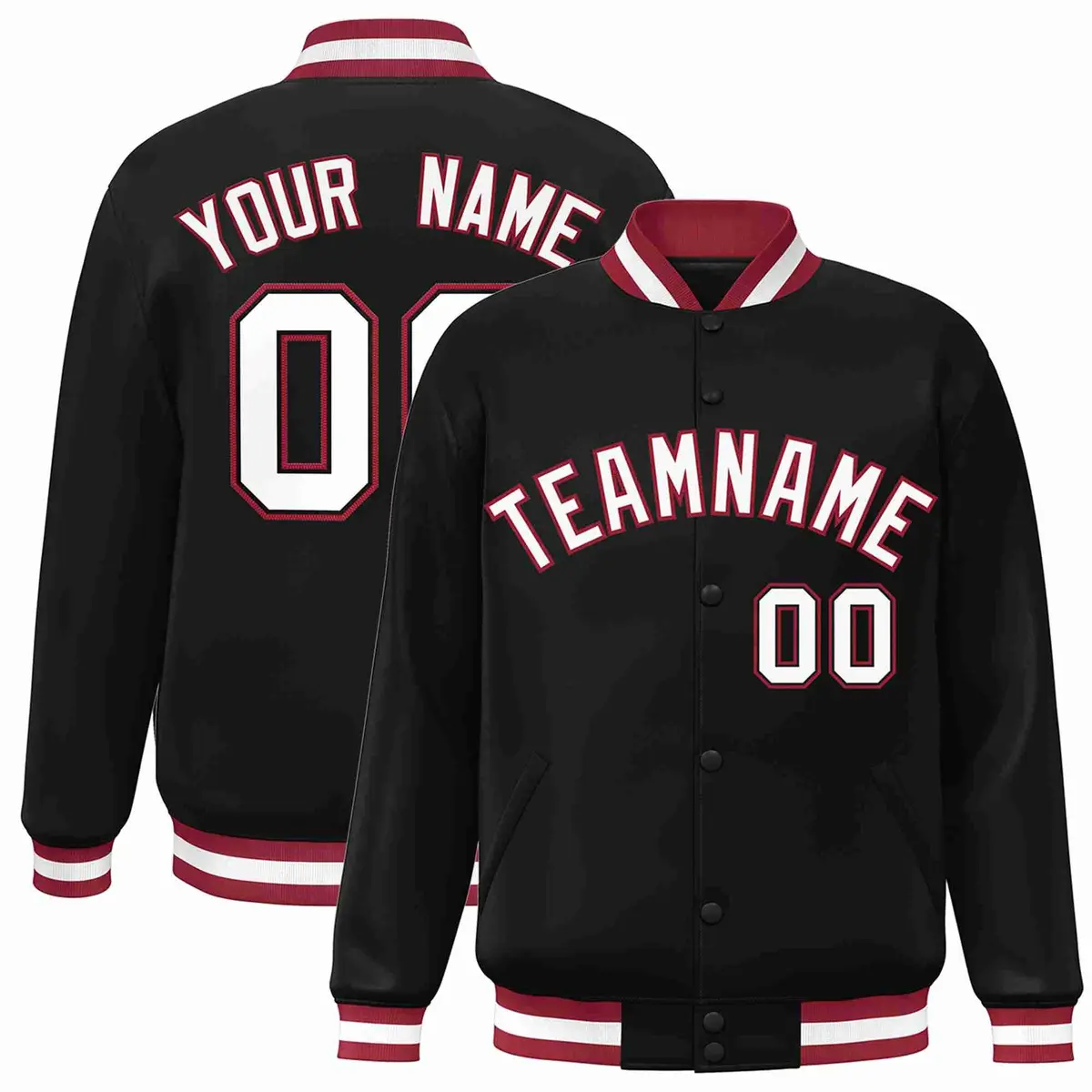 Black White-Crimson Full-Snap Varsity Letterman Jacket