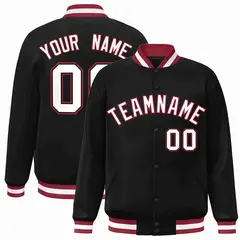Black White-Crimson Full-Snap Varsity Letterman Jacket