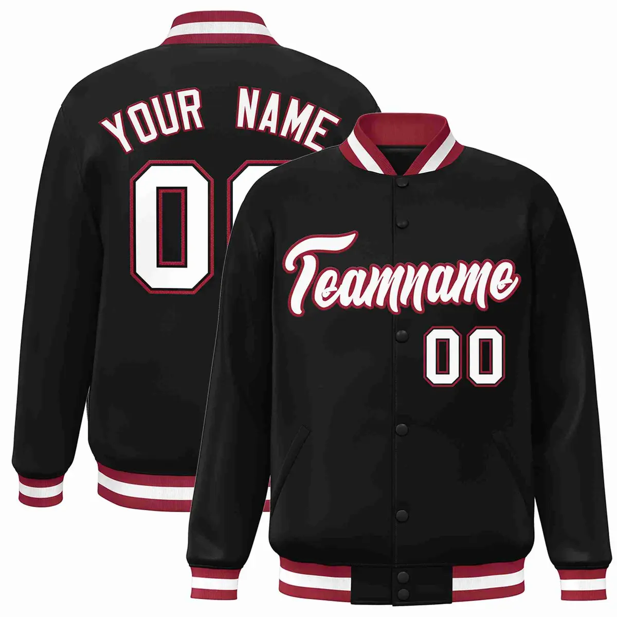 Black White-Crimson Full-Snap Varsity Letterman Jacket