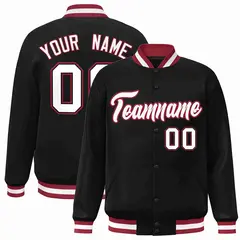 Black White-Crimson Full-Snap Varsity Letterman Jacket