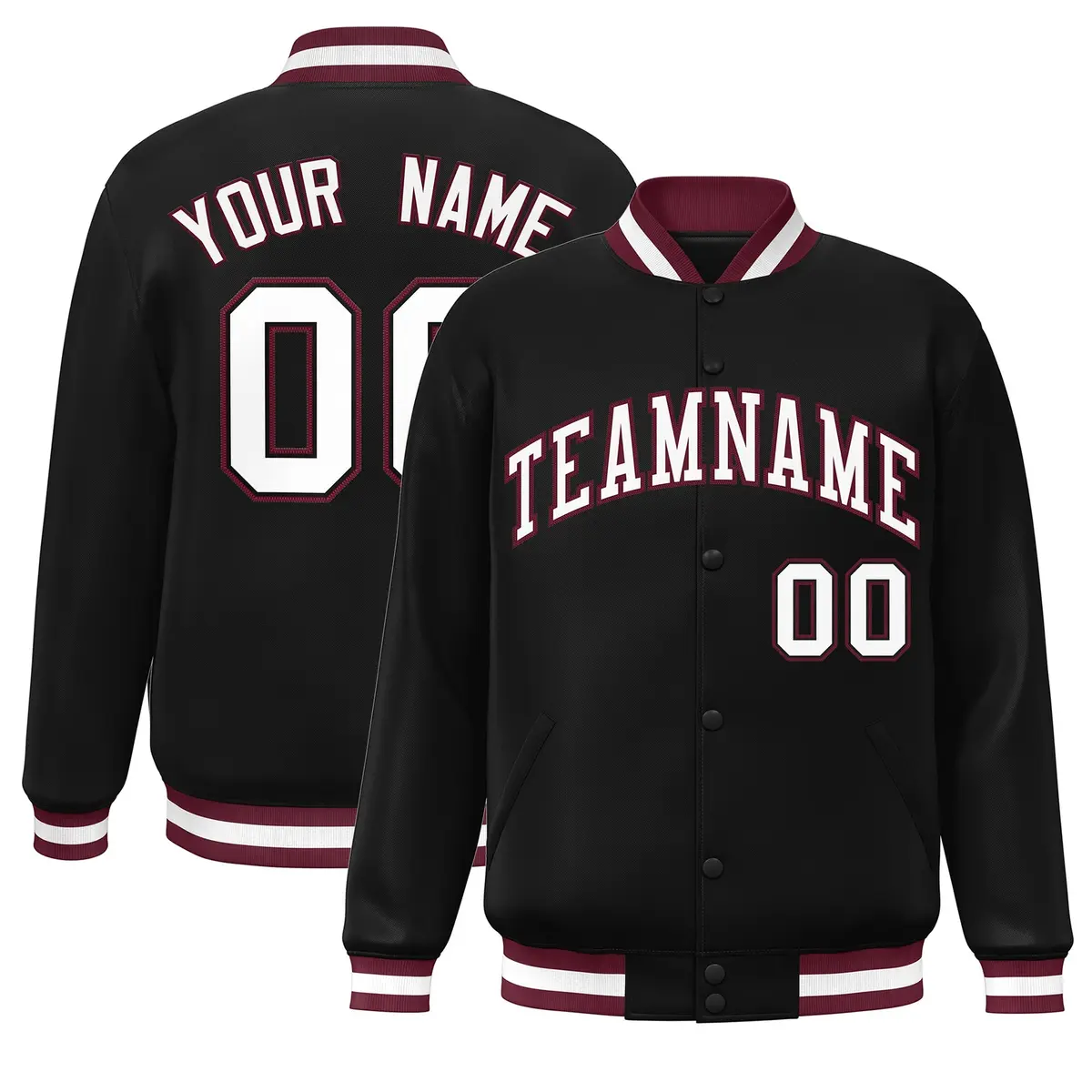 Black White-Crimson Full-Snap Varsity Letterman Jacket