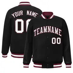Black White-Crimson Full-Snap Varsity Letterman Jacket