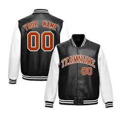 Black White Dark Orange Raglan Full-Snap Varsity Faux Leather Letterman Jacket