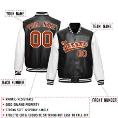 Black White Dark Orange Raglan Full-Snap Varsity Faux Leather Letterman Jacket 2