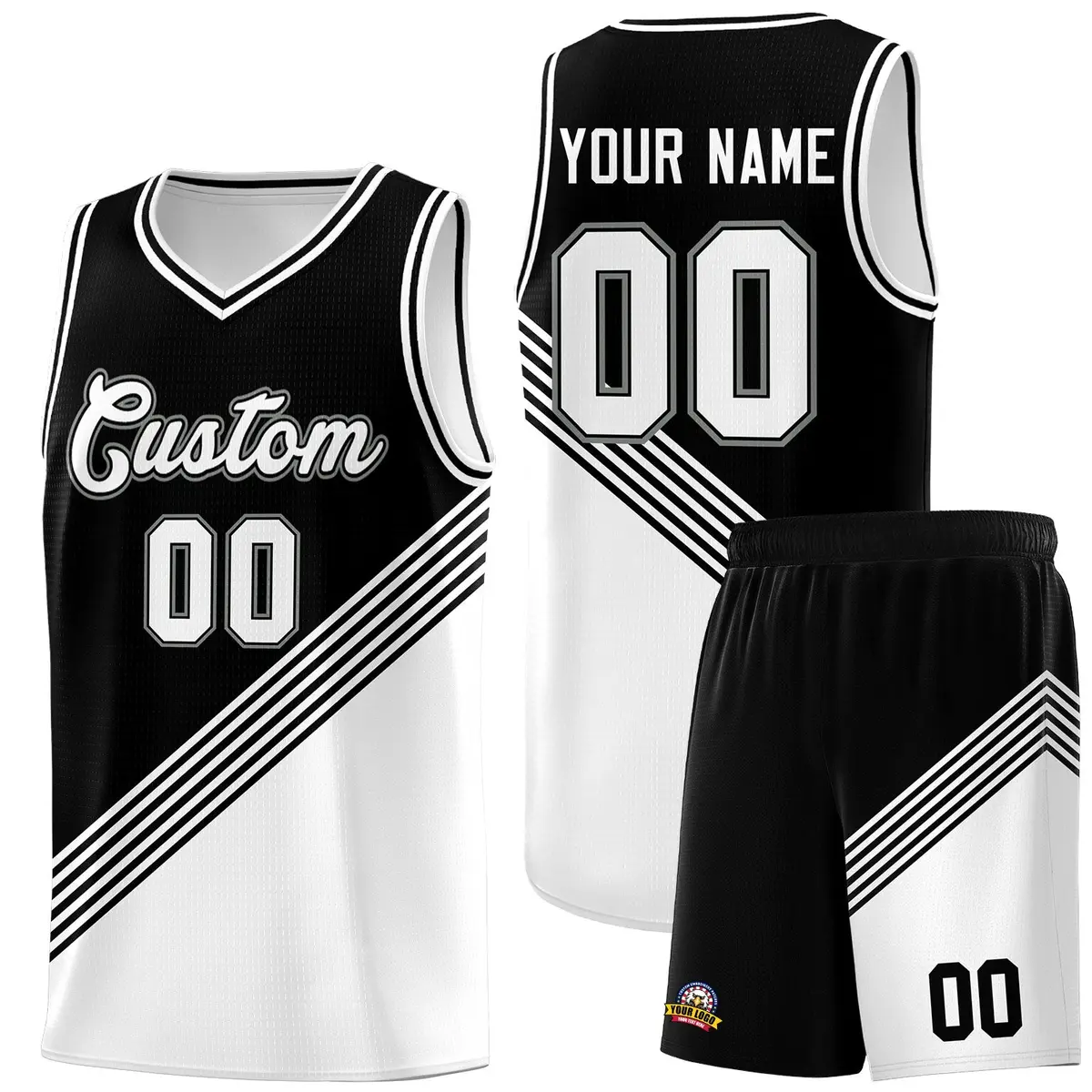 Black White Diagonal Stripes Color Block Basketball Jersey