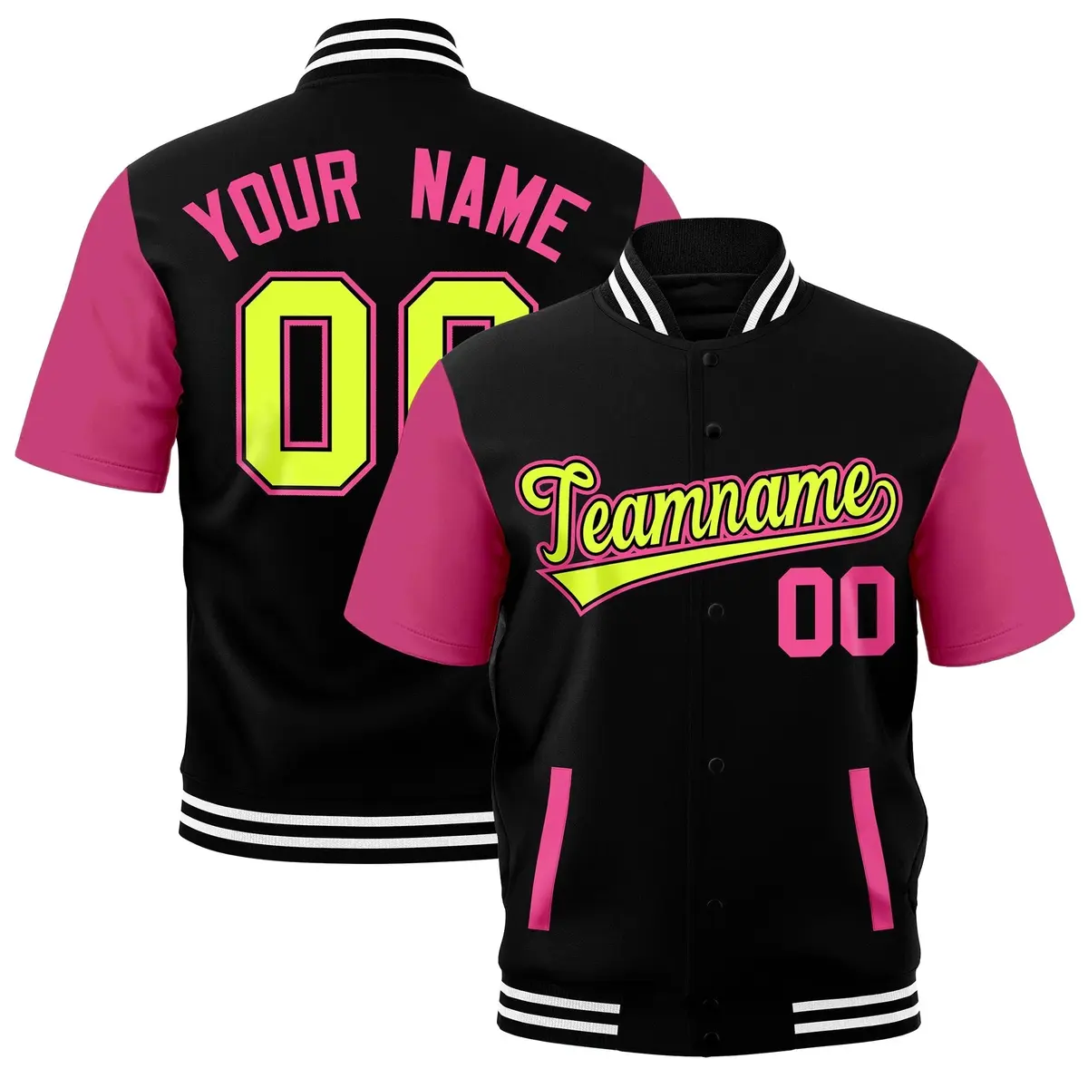 Black White Full-Snap Short Sleeve Varsity Jacket