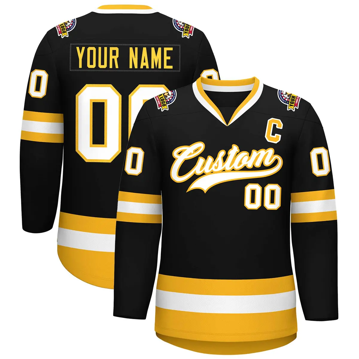 Black White-Gold Classic Style Hockey Jersey