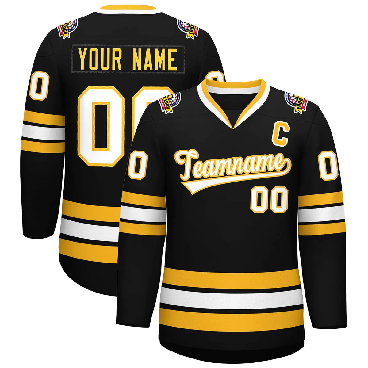 Black White-Gold Classic Style Hockey Jersey