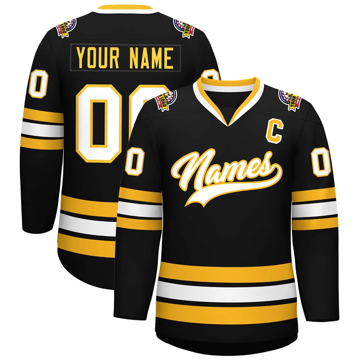 Black White-Gold Classic Style Hockey Jersey