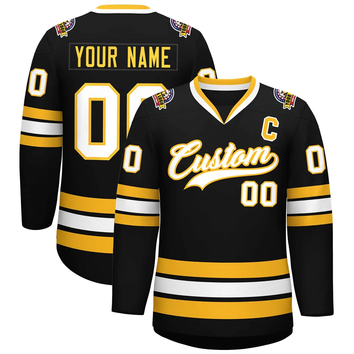 Black White-Gold Classic Style Hockey Jersey