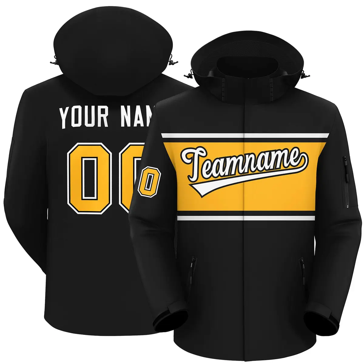 Black White-Gold Color Block Hooded Waterproof Jacket