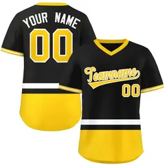Black White-Gold Color Block V-Neck Pullover Baseball Jersey 1
