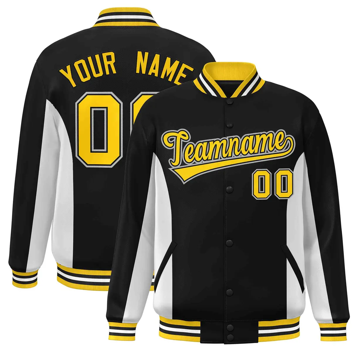 Black White-Gold Color Block Varsity Full-Snap Letterman Baseball Jacket