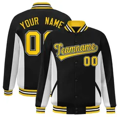 Black White-Gold Color Block Varsity Full-Snap Letterman Baseball Jacket