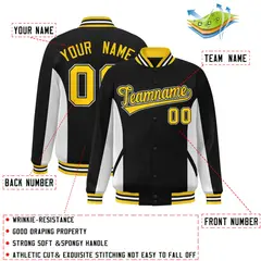 Black White-Gold Color Block Varsity Full-Snap Letterman Baseball Jacket 2