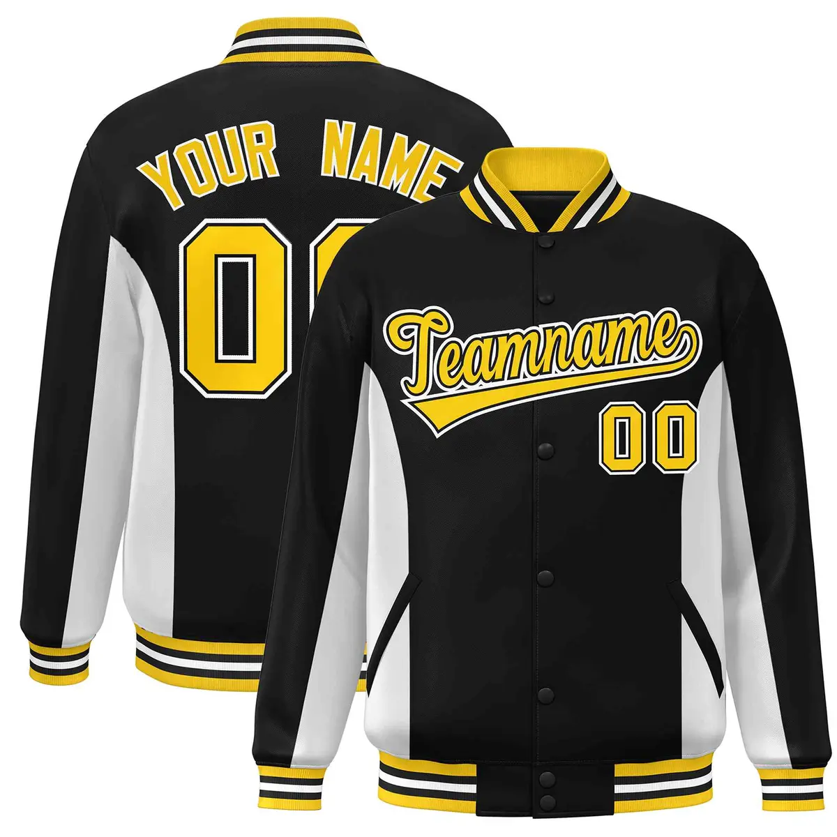 Black White-Gold Color Block Varsity Full-Snap Letterman Baseball Jacket