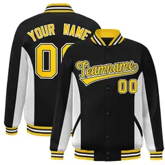 Black White-Gold Color Block Varsity Full-Snap Letterman Baseball Jacket 1